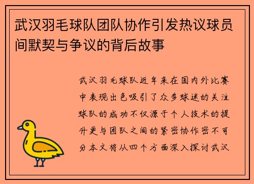 武汉羽毛球队团队协作引发热议球员间默契与争议的背后故事